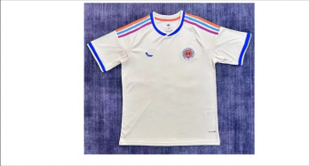 Soccer jersey in white with blue, red and orange striped shoulders