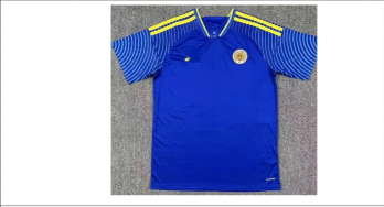 Soccer jersey in royal blue with yellow striped shoulders