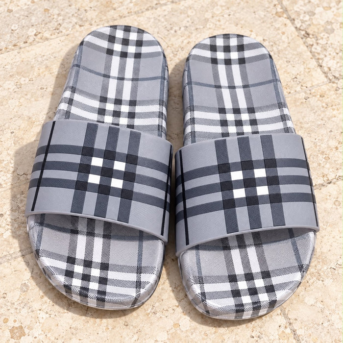 Plaid check slides in gray - front view