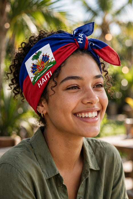 Haiti flag bandana worn as headwrap outdoors