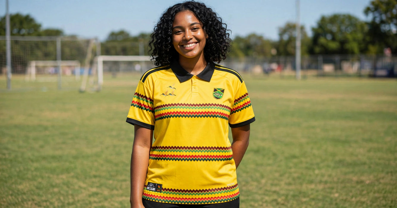 Jamaica yellow jersey worn by a woman on a soccer field