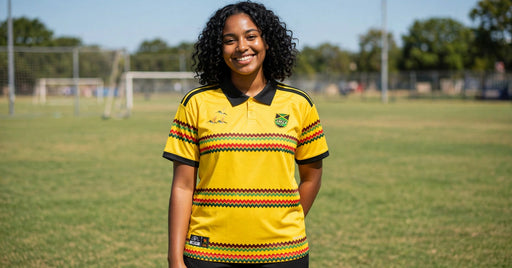 Jamaica yellow jersey worn by a woman on a soccer field