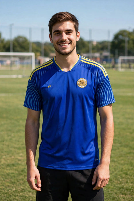 Blue and yellow trim jersey worn outdoors