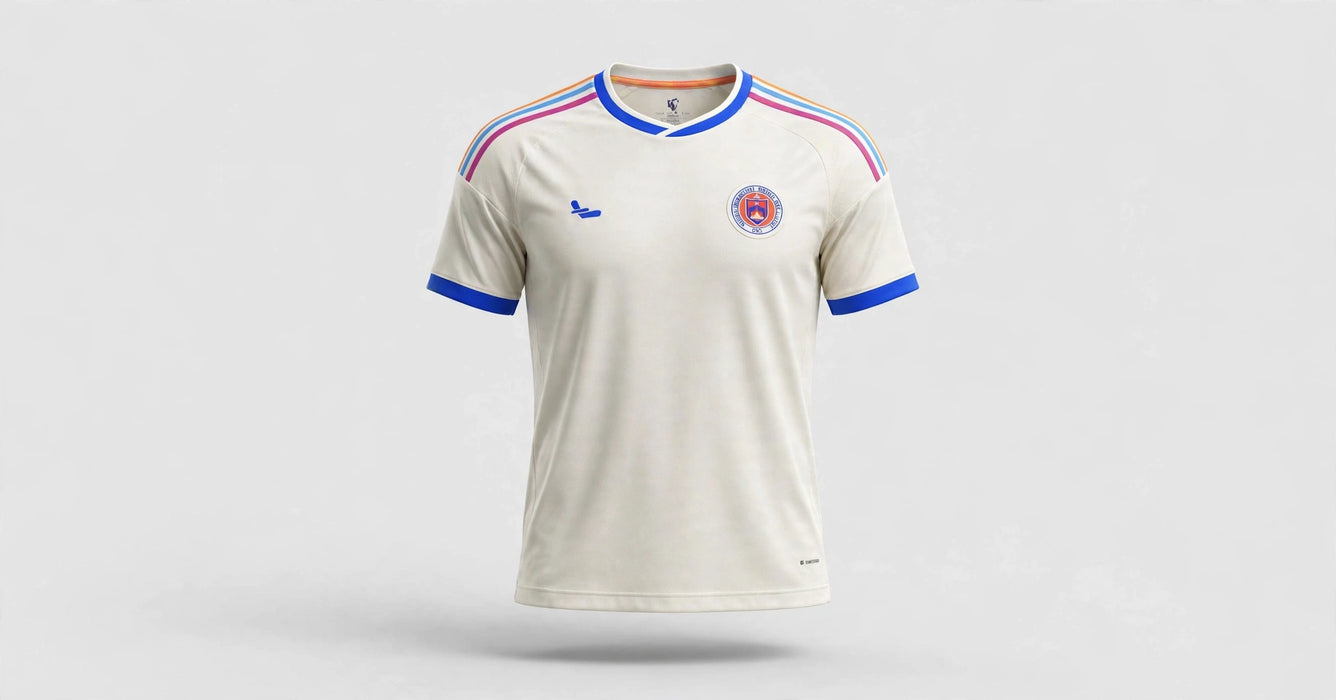 Jersey with white blue and red trim - studio front view