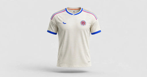 Jersey with white blue and red trim - studio front view