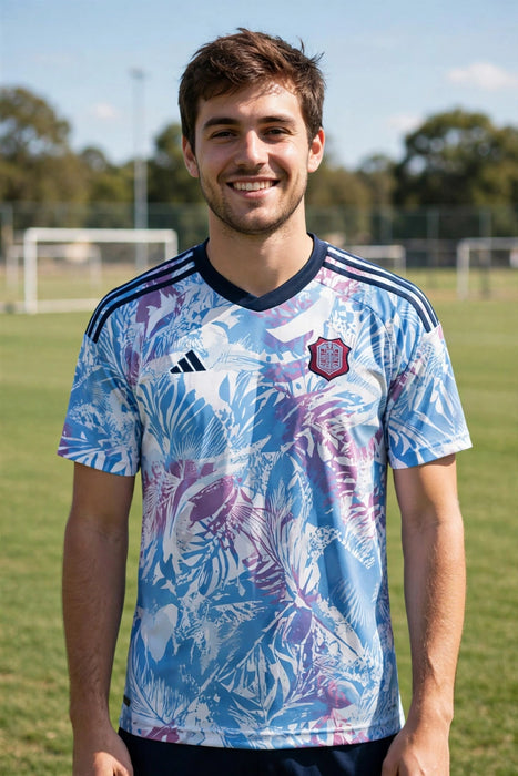 Light blue patterned jersey worn outdoors