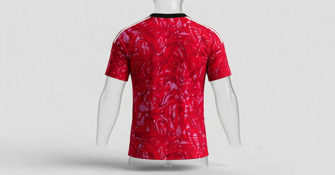 Red patterned jersey detail view