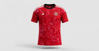 Patterned jersey in red - studio front view