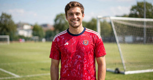 Red patterned jersey worn outdoors