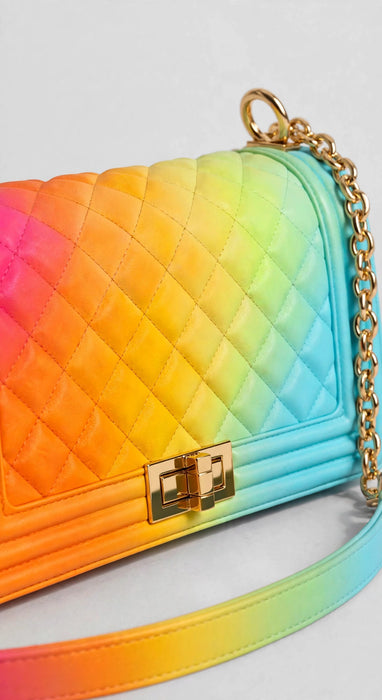 Rainbow quilted purse quilted stitching and clasp detail