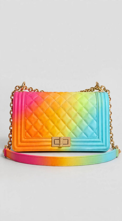 Rainbow quilted purse with gold chain - studio front view