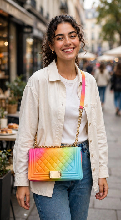 Rainbow quilted purse worn crossbody outdoors