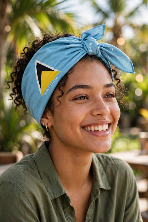 Saint Lucia flag bandana worn as headwrap outdoors