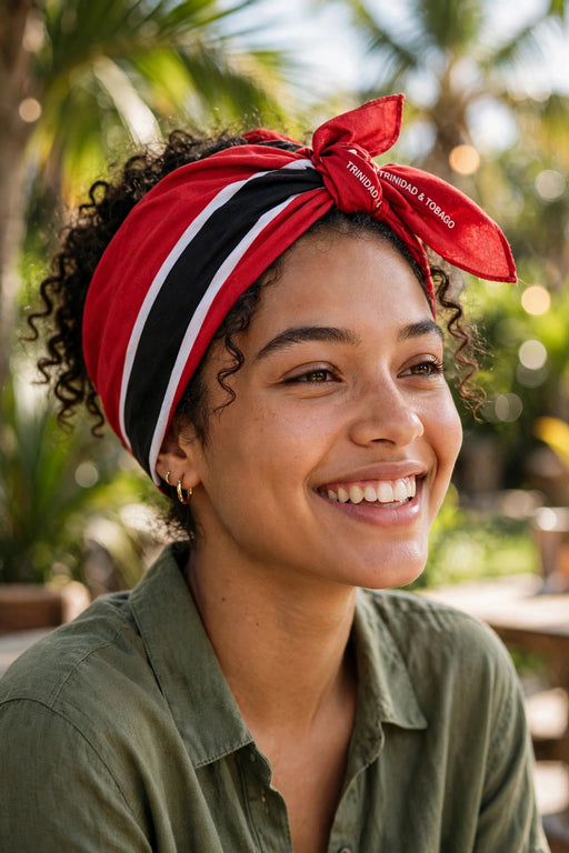 Trinidad and Tobago flag bandana worn as headwrap outdoors