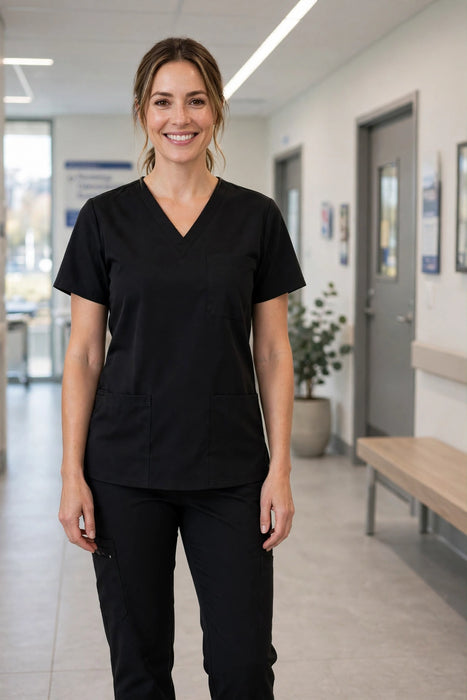 Black scrub set worn by a healthcare worker