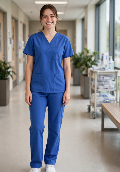 Blue scrub set worn by a healthcare worker