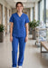 Blue scrub set worn by a healthcare worker