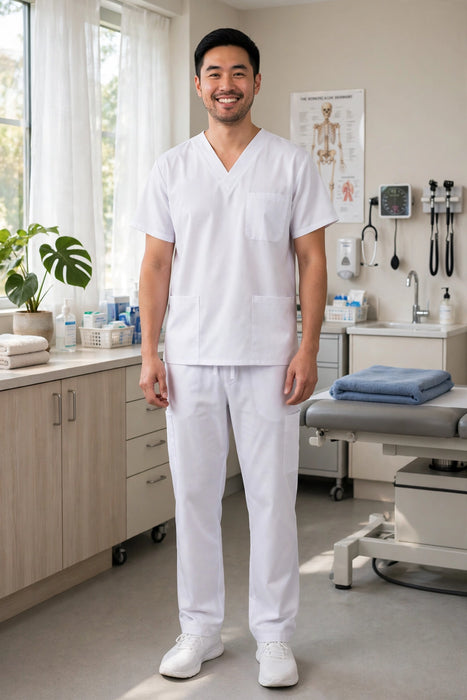 White scrub set worn by a healthcare worker