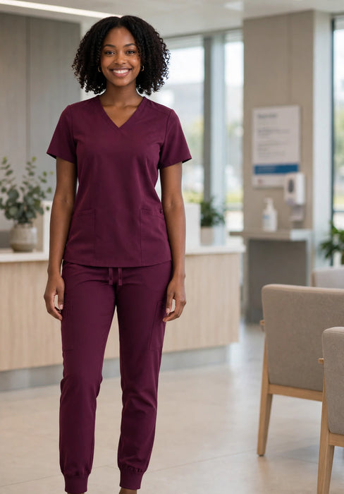 Wine scrub set worn by a healthcare worker
