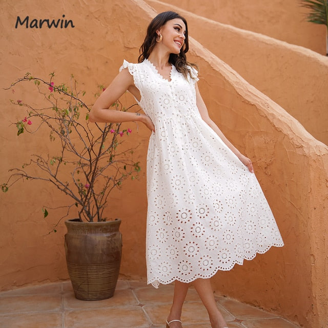 Hollow Out Pure Cotton Summer Dress